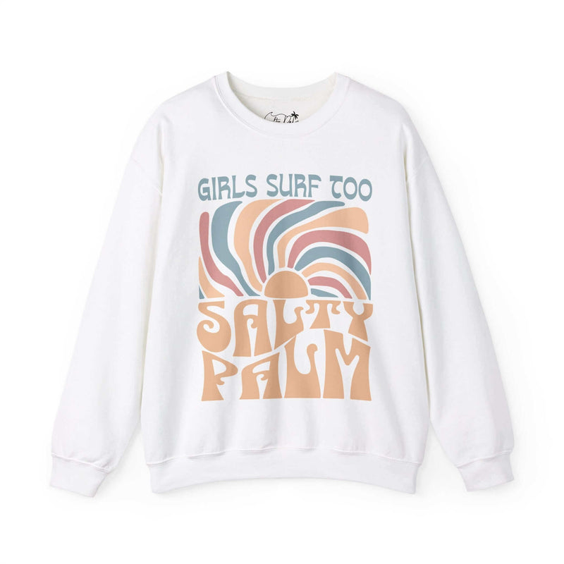 Girls Surf Too white crewneck sweatshirt with Salty Palm graphic for young surfers.
